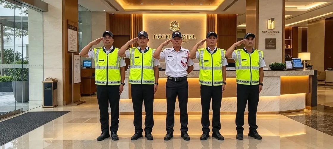 Five Dynamic Security guards saluting in a hotel lobby