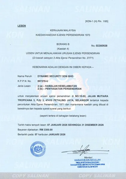 KDN private agency licence for Dynamic Security Sdn Bhd