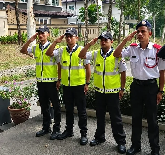 Four guards saluting during an inspection at a residential estate