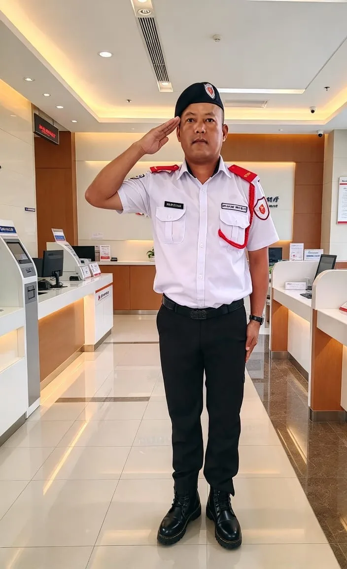 A Dynamic Security guard in white uniform and beret saluting in a banking hall
